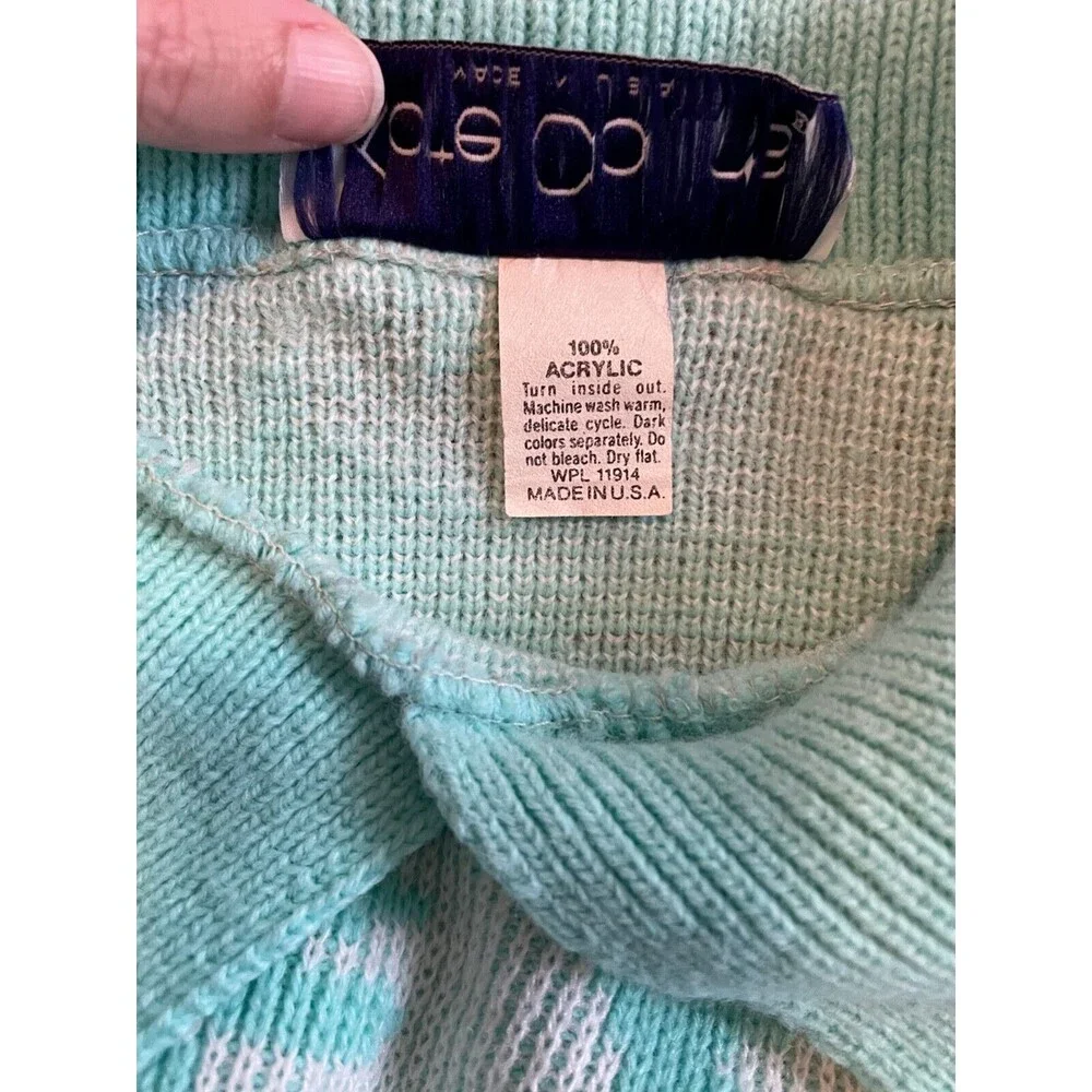 Vintage 90s Kate Collins Aqua Floral Pullover Sweater Tropical Pastel Sz Med